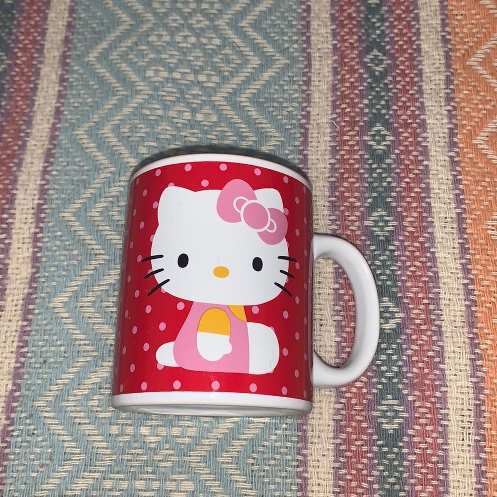 Vintage Sanrio Hello Kitty Ceramic Coffee Mug Red Pink Polka Dot Cup 1976 2013